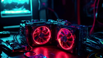 Canvas Print - Two red glowing fans on a computer component in a dimly lit room.