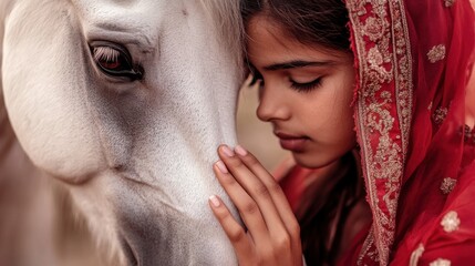 Wall Mural - A girl in a red sari touching the nose of her white horse, AI