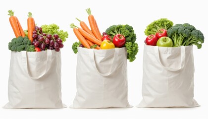 Three white bags filled with fresh, colorful vegetables are arranged in a diagonal line against a white background, with carrots, broccoli, apples, and grapes in each bag