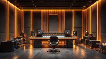 A high-end professional recording studio with modern soundproof walls, sleek wooden panels, soft lighting, and an ergonomic mixing desk