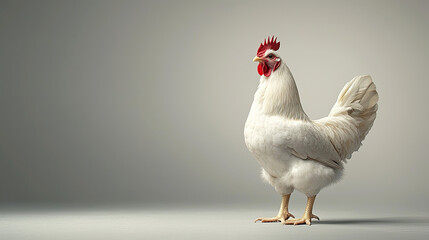 Studio shot of a white chicken standing confidently against a neutral background.