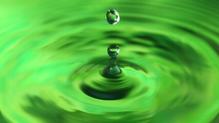 Poster - Super Slow Motion of Dripping Water Drop in Extreme Detail. Green Spa and Zen Colors, Wellness Concept. Filmed on High Speed Cinema Camera, 1000fps.