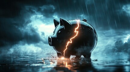 Sticker - A dramatic image of lightning striking a piggy bank, splitting it in half, with dark storm clouds in the background, symbolizing financial crises