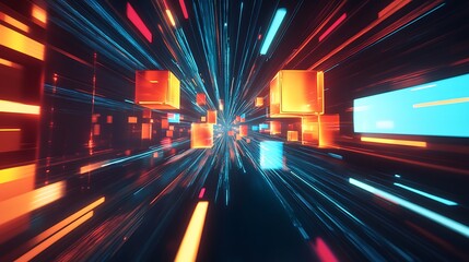 Abstract digital space with glowing cubes and light trails. Futuristic technology and data flow concept in vibrant colors.