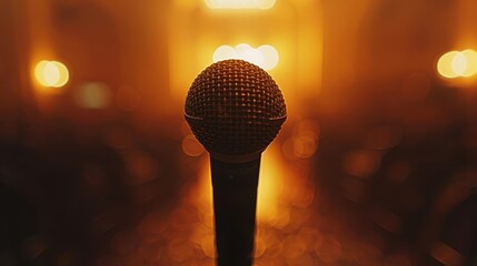 Close-up of a microphone in a dimly lit setting, perfect for music or speech themes.