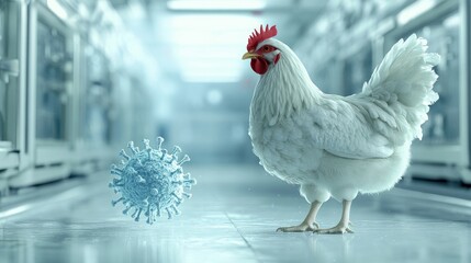 A white chicken standing in a sterile clean room, with a floating virus particle next to it, symbolizing the spread of bird flu.