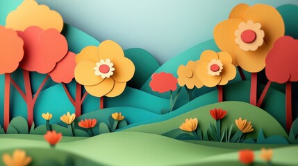 Wall Mural - A paper cut out of flowers and trees in a field, AI