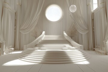 Serene white interior with stairs leading to a glowing light source. Concept of transcendence, enlightenment and spirituality