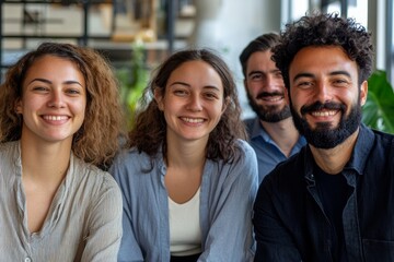 Wall Mural - Smiling group of diverse colleagues working together in an office, Generative AI