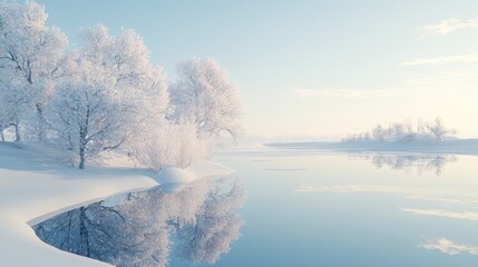 Poster - A white winter landscape with snow-covered trees and a serene frozen lake reflecting the pale sky