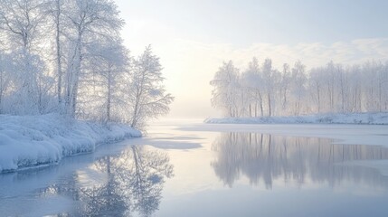 Poster - A white winter landscape with snow-covered trees and a serene frozen lake reflecting the pale sky