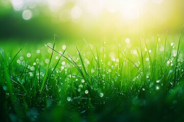 Wall Mural - A close-up view of fresh green grass with dew drops on them, soft beautiful morning light 