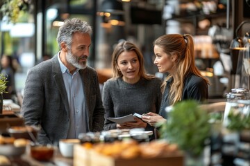 Wall Mural - Business people having a conversation during the coffee break near the window in the cafe, Generative AI