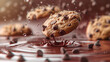 © Oksana Kumer - Chocolate chip cookies in molten chocolate, dessert preparation background. Generative AI