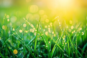 Wall Mural - A close-up view of fresh green grass with dew drops on them, soft beautiful morning light 