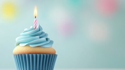 Poster - A cupcake with a single candle on top of it, AI