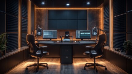 Modern podcast studio with sleek black chairs, minimalistic design, and two high-end microphones, soft lighting for a professional setup