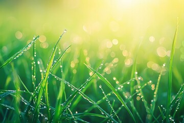 Wall Mural - A close-up view of fresh green grass with dew drops on them, soft beautiful morning light 