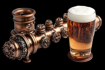 Wall Mural - A hyperrealistic scene featuring a shiny, intricately designed copper beer tap alongside a frosty glass of golden beer with a thick, foamy head. 