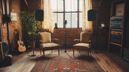 Rustic podcast studio with two vintage chairs, old-style microphones, exposed brick walls, and warm wooden decor, creating a classic, intimate vibe