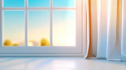 Canvas Print - A white window with curtains and a blue sky outside, AI