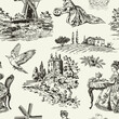 © anya - Abstract Victorian seamless pattern with hand drawn illustration with country life, couple villager in Toile de jouy style. Retro elegance blue Chinoiserie print. Vintage wallpaper for bedroom