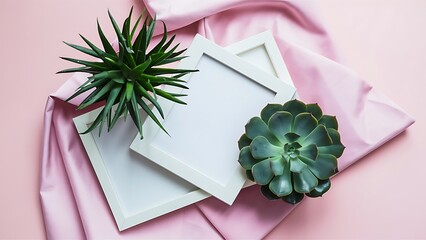 Flat lay with white frame and green plant on pink, minimalistic concept