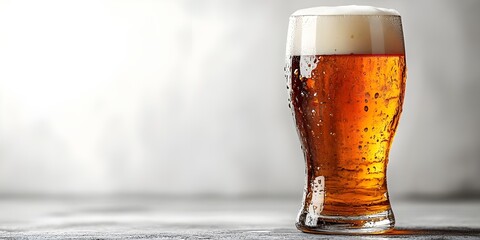 Wall Mural - A hyper-realistic close-up of a frosty glass of amber beer with a thick, foamy head, resting on a textured wooden surface.