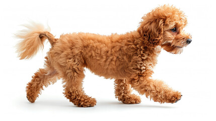 Wall Mural - red toy poodle dog walking side view isolated on white background