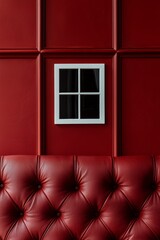 A crimson leather background with a minimalist white window icon, showcasing a stark contrast between simplicity and luxury. 