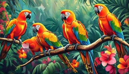 Vibrant parrots perched on a branch amid lush tropical foliage and colorful flowers in a serene forest setting