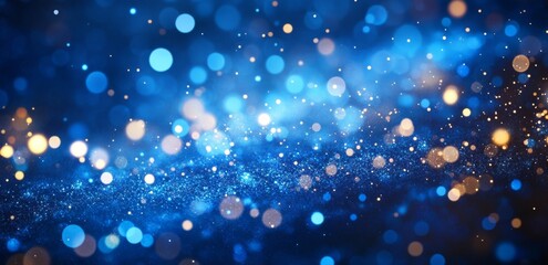 Abstract blue background with bokeh lights and copy space for text, glowing effect.