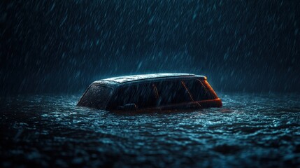 Car Submerged in Floodwater During Heavy Rain at Night