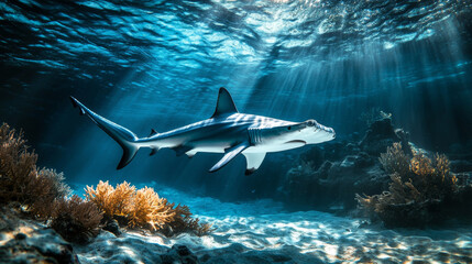 Shark Swimming Through Coral Reef in Blue Water