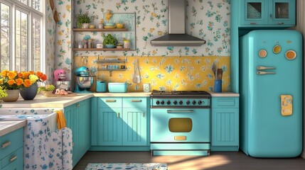 Imagine a bright and cheerful kitchen with colorful accents and freshrs. flowe