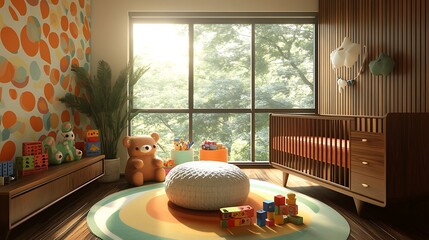 A fun retro nursery with bright retro colors, vintage toys like blocks and stuffed animals, mid-century modern crib, colorful patterned wallpaper, large windows letting in sunlight,