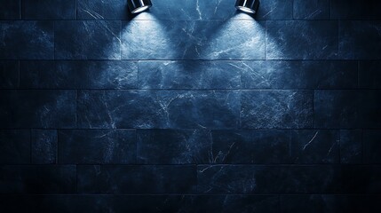 Dark slate blue wall with two spotlights shining from above at opposite angles, offering a cool glow with empty space for your design or text.