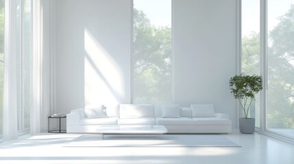 White minimalist living room with clean lines, modern furniture, and soft natural light entering through large windows