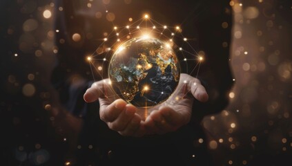 Person holding an Earth globe with glowing connections, symbolizing global network social media global connectivity connections and the relationships of technology in business.