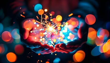 Magical hands embracing colorful bokeh lights in darkness, crafting an enchanting atmosphere filled with vibrant sparkles and glowing particles.