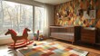 © HuynhThiThuy - A retro fun nursery with bright retro colors, vintage decor including classic rocking horses and toy blocks, bold geometric wallpaper, mid-century modern crib,