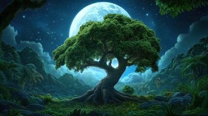 Wall Mural - A tree in a forest with the moon behind it, AI