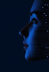 An image showing a digital brain and a circuit board in the head and face of a blue woman