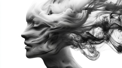 Sticker - A black and white photograph of a woman's head with smoke coming out, AI