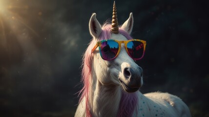 A cool unicorn with sunglasses enjoying a sunny day, radiating fun and magic