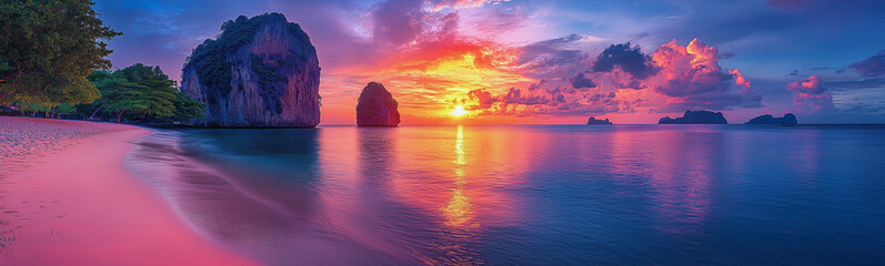 Wall Mural - A peaceful sunset at Railay Beach, where the sky turns orange and pink and the towering limestone cliffs cast shadows on the calm sea. This image was generated by AI