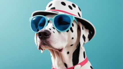 A cool Dalmatian dog sporting sunglasses and a stylish hat, looking ready for a fun day in the sun.