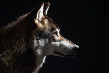 Adult wolf portrait with generative AI on a black background