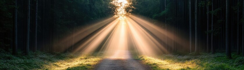 Radiant golden hour sunbeams illuminating a quiet forest path, nature's glowtime, peaceful and inspiring landscape