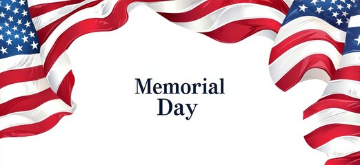 Memorial Day celebration banner featuring American flags on a white background highlighting remembrance and patriotism during the national holiday